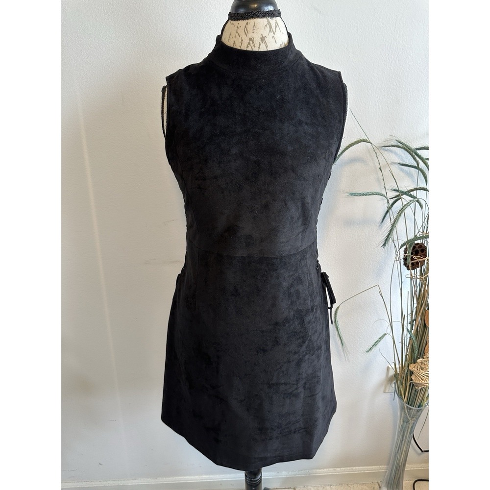 Miss Me Black Laced Up Faux Suede Crew Neck Sleeveless Shift Dress Large Women's